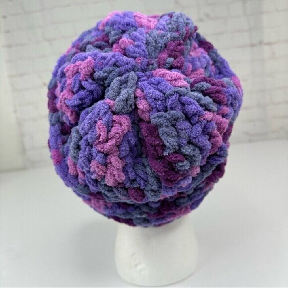 Handmade Purple Variegated Chunky Knit Slouchy Beanie Chenille Winter Hat NEW - Picture 4 of 11